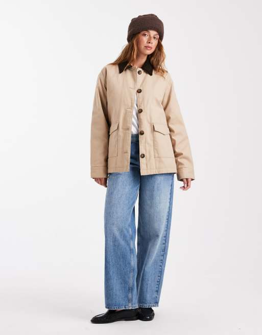 Brave Soul canvas barn jacket with corduroy collar in stone, 3 of 4