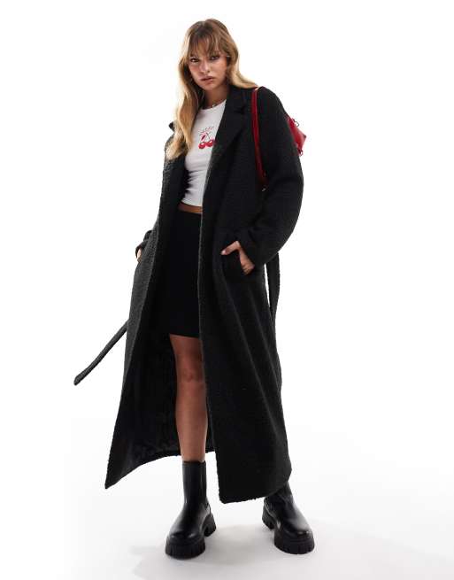 Brave Soul - Cappotto taglio lungo nero bouclé con cintura