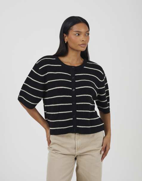 Brave Soul - Cardigan a maniche corte in maglia fisherman nero a righe - view 1