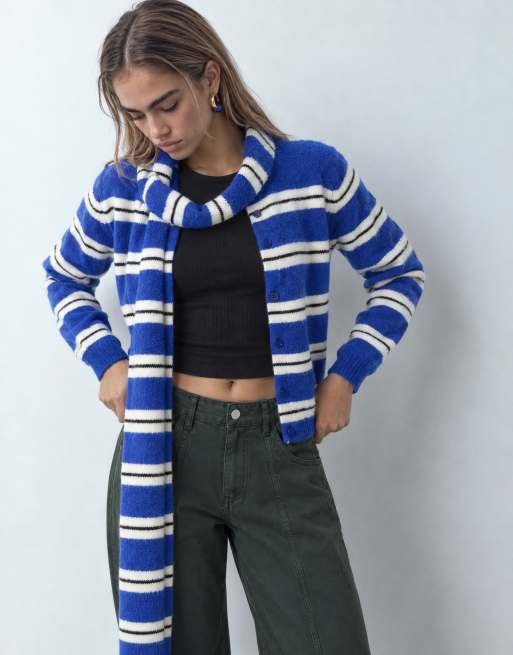 Brave Soul cardigan à rayures à col rond avec écharpe assortie bleu et blanc, 5 de 9