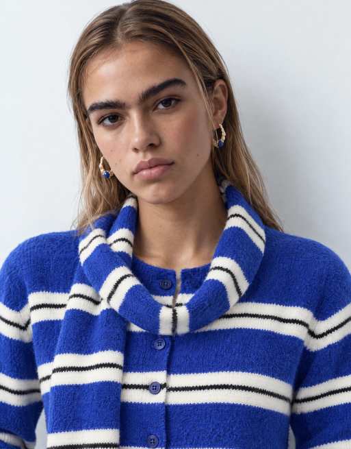 Brave Soul cardigan à rayures à col rond avec écharpe assortie bleu et blanc, 8 de 9