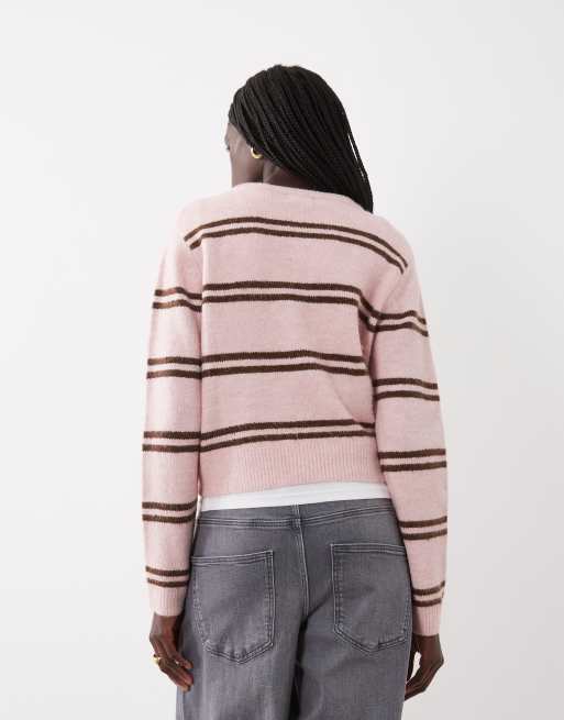Brave Soul cardigan à rayures col rond rose et marron, 3 de 4