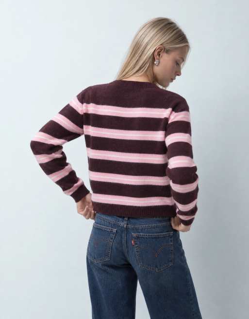 Brave Soul cardigan a righe girocollo in bordeaux, rosa e avorio, 5 di 9