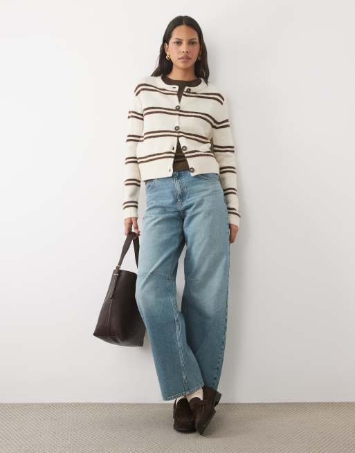 Brave Soul cardigan a righe girocollo in stone e marrone, 2 di 4