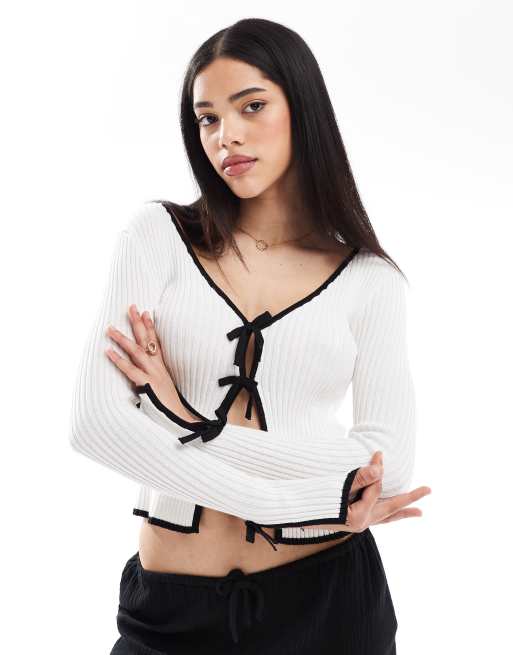 Brave Soul - Cardigan allacciato sul davanti crema e nero con dettaglio a contrasto