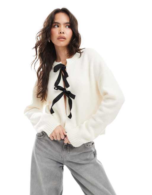 Brave Soul - Cardigan corto color panna con laccetti neri