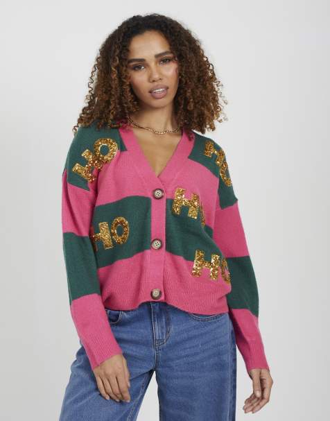 Brave Soul cardigan de Noël à rayures avec appliqué sequin rose - view 1