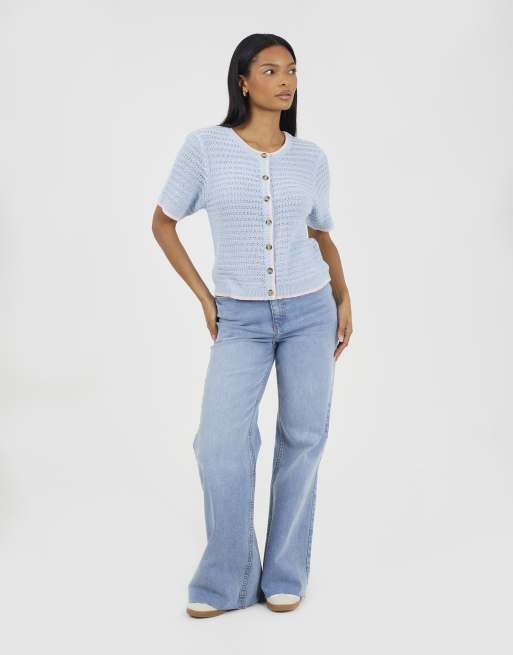 Brave Soul - Cardigan girocollo a maniche corte blu con cuciture, 2 di 4