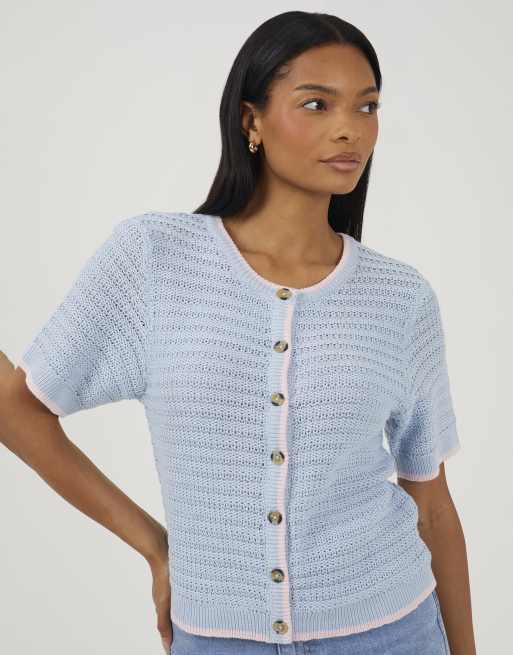 Brave Soul - Cardigan girocollo a maniche corte blu con cuciture, 3 di 4