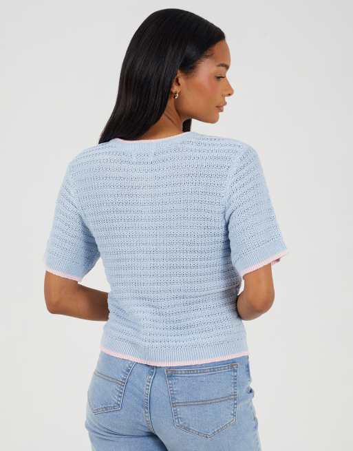 Brave Soul - Cardigan girocollo a maniche corte blu con cuciture, 4 di 4