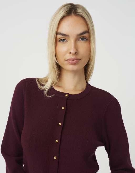 Brave Soul cardigan girocollo con bottoni decorativi bordeaux, 4 di 4