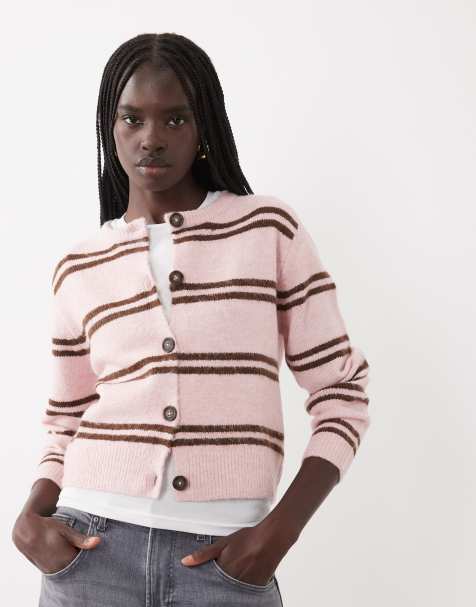 Brave Soul cardigan girocollo con doppia riga rosa e marrone - view 1
