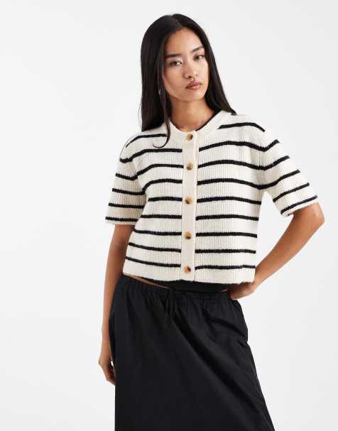 Brave Soul - Cardigan girocollo in maglia a maniche corte nero e color avorio a righe - view 1