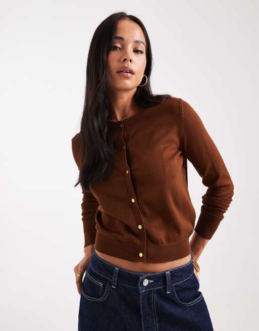Brave Soul - Cardigan girocollo marrone con bottoni color oro