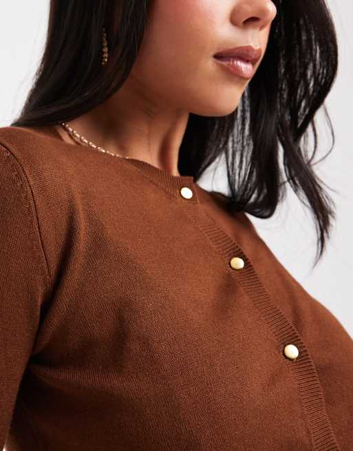 Brave Soul - Cardigan girocollo marrone con bottoni color oro, 3 di 4