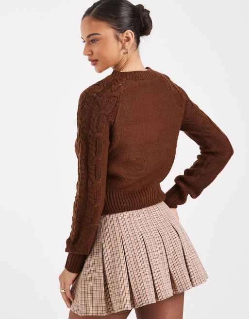 Brave Soul - Cardigan girocollo marrone lavorato a trecce, 2 di 4