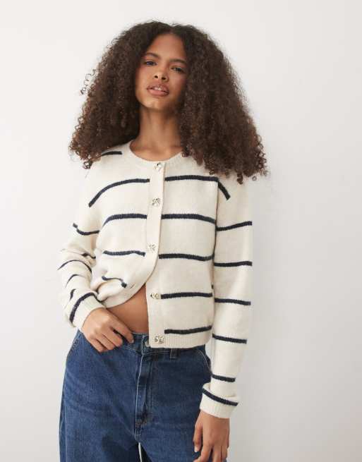 Brave Soul - Cardigan in maglia a coste inglesi color pietra e blu navy a righe, 3 di 4