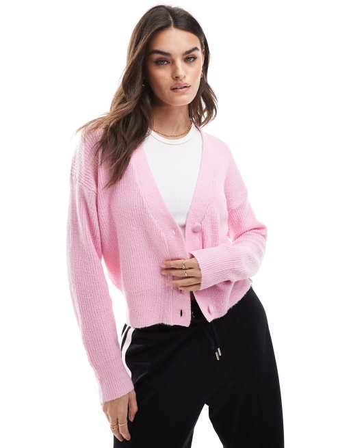 Brave Soul - Cardigan in maglia a coste inglesi rosa con bottoni