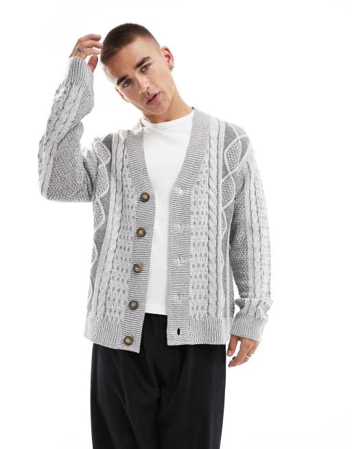 Brave Soul - Cardigan in maglia a trecce grigio chiaro
