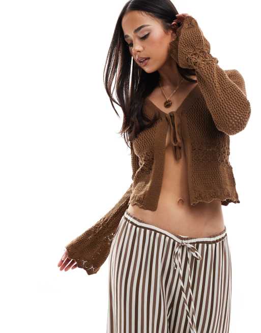 Brave Soul - Cardigan in maglia marrone con scollo a V e polsini svasati