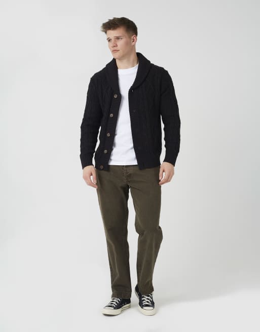 Brave Soul cardigan lavorato a trecce con collo sciallato nero, 3 di 4