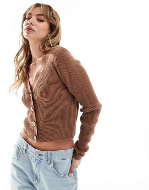 Brave Soul - Cardigan marrone a coste con bottoni oro - view 1
