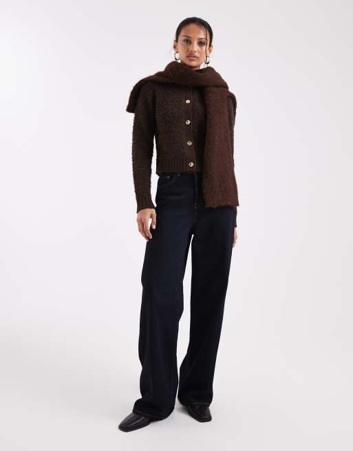 Brave Soul - Cardigan marrone cioccolato con bottoni a contrasto e tasche, 3 di 4