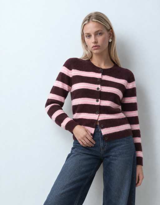 Brave Soul cardigan med rund hals og striber i bordeaux, pink og ivory, 6 af 9