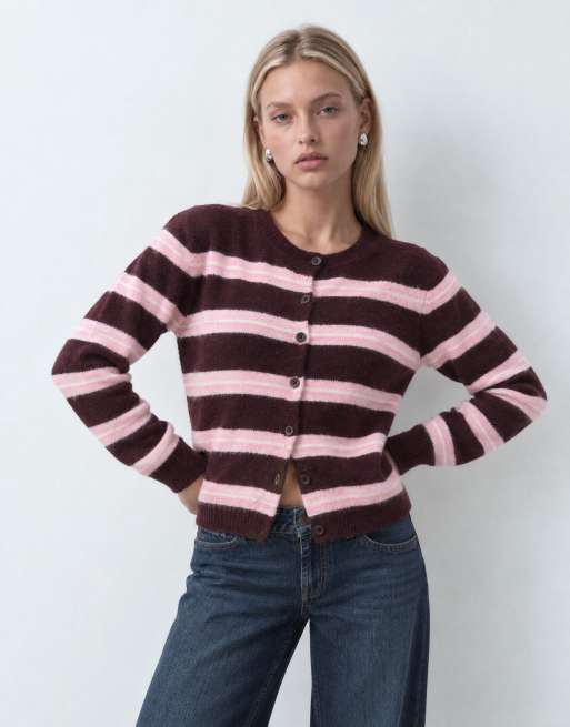 Brave Soul cardigan med rund hals og striber i bordeaux, pink og ivory, 7 af 9