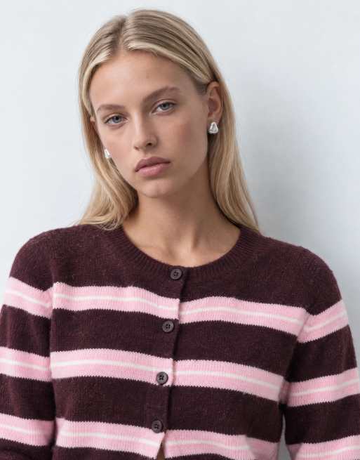 Brave Soul cardigan med rund hals og striber i bordeaux, pink og ivory, 8 af 9