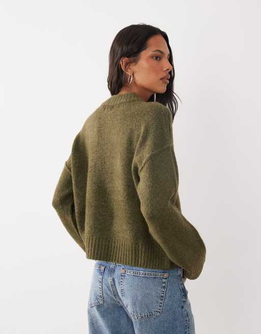 Brave Soul cardigan med rund hals og synlige sømme i khaki, 4 af 4