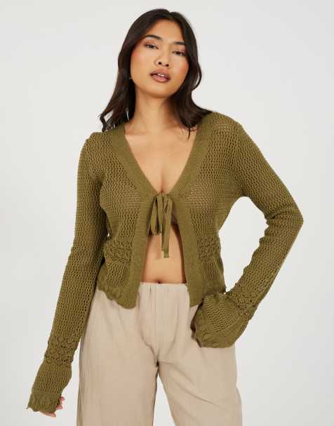 Brave Soul Cardigan mit V-Ausschnitt, Bindefront und ausgestellten Ärmeln in hellem Khaki - view 1
