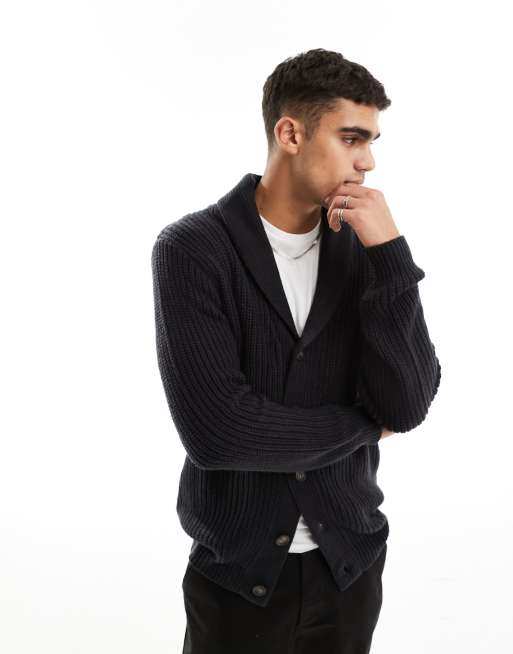 Brave Soul - Cardigan pesante in maglia a coste inglesi blu navy