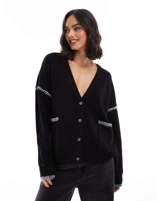 Brave Soul - Cardigan taglio lungo nero con cuciture a contrasto