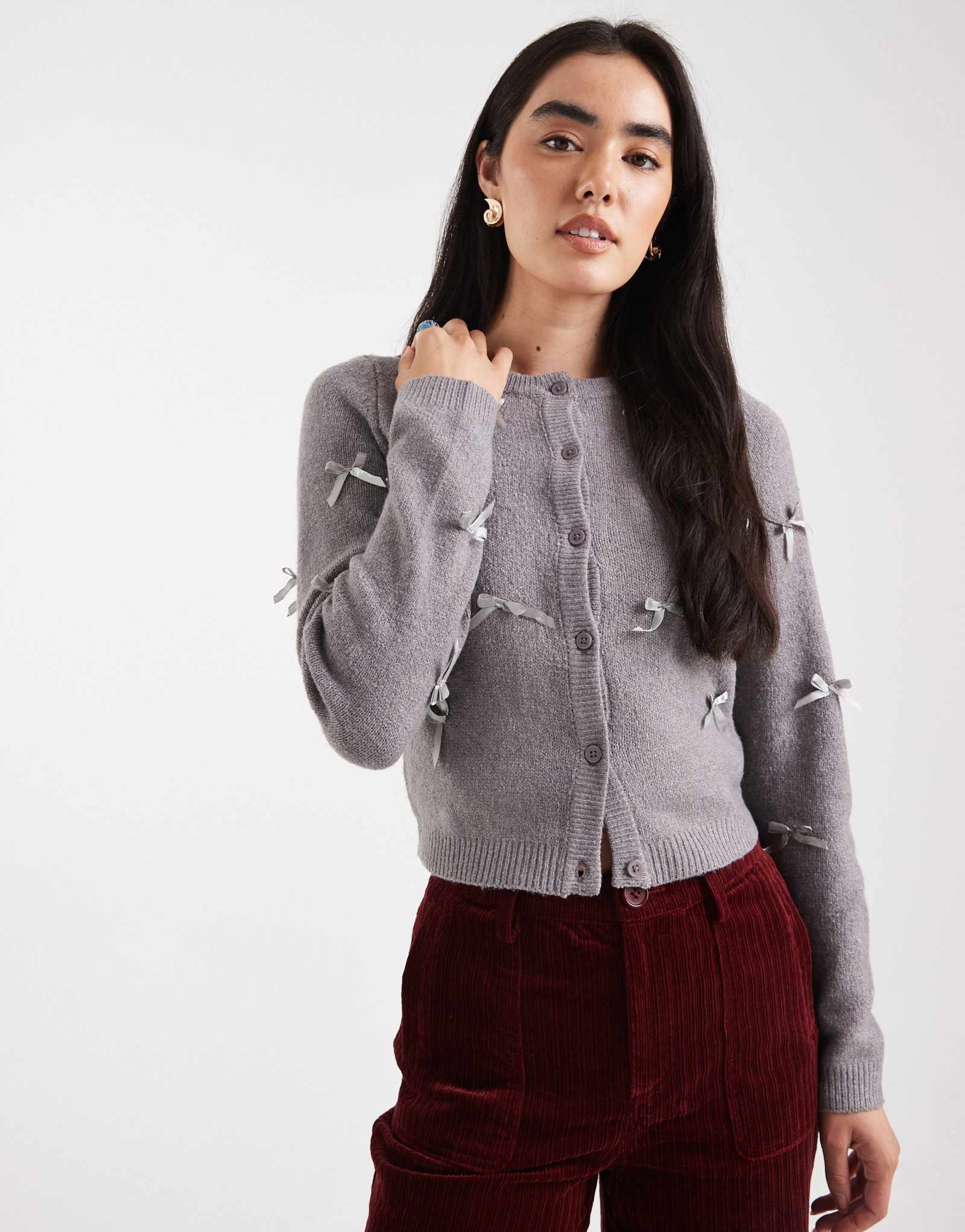 Кардиган Brave Soul серого цвета с бантом из ленты по всей длине