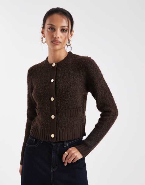 Brave Soul cardigan with contrast buttons and pocket detail in chocolate brown - view 1