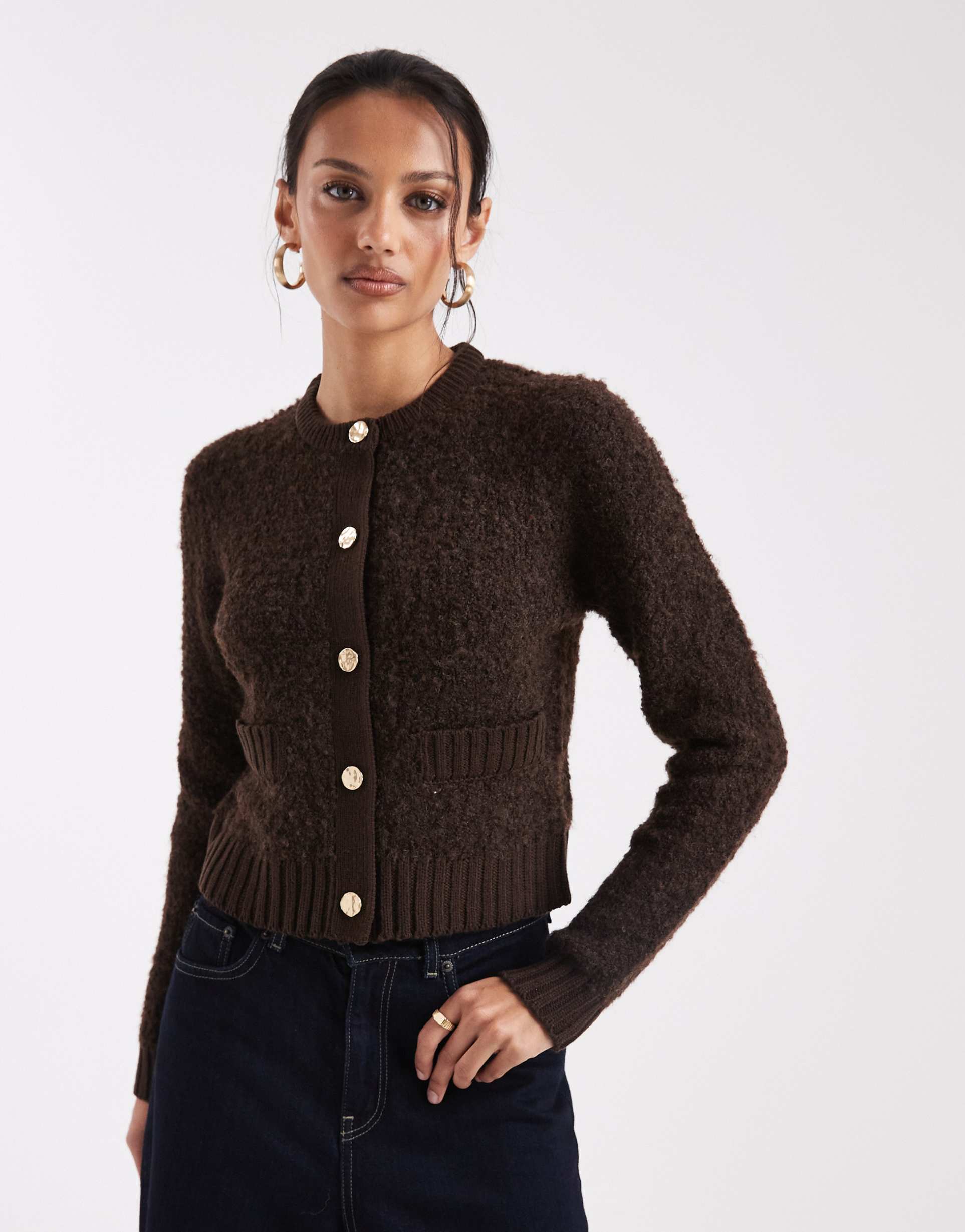brave soul cardigan with contrast buttons and pocket detail in chocolate brown