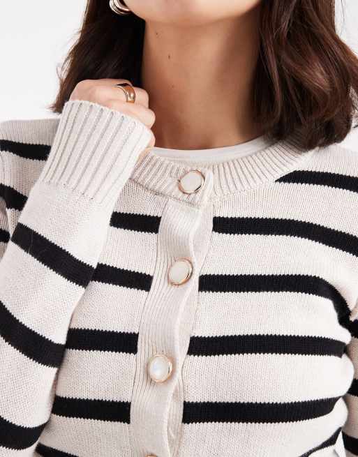 Brave Soul cardigan with contrast buttons in black and ivory stripe, 3 of 4