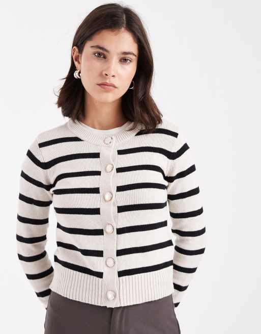 Brave Soul cardigan with contrast buttons in black and ivory stripe, 4 of 4