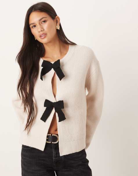 Brave Soul cardigan with velvet bow detail in cream - view 1