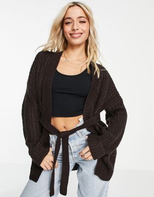 Brave Soul carly tie waist cardigan in chocolate brown