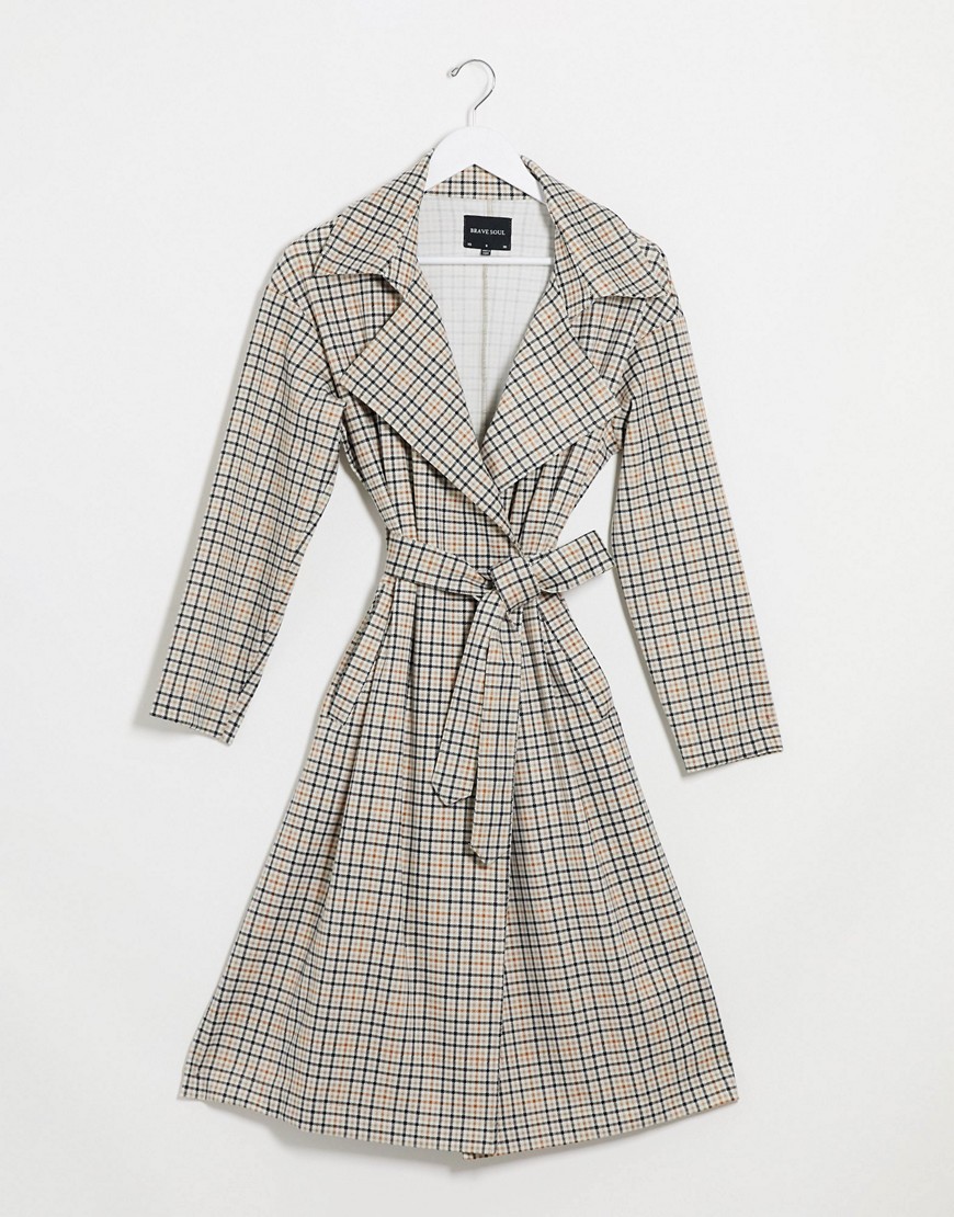 Brave Soul casey trench with tie waist in heritage check-Multi