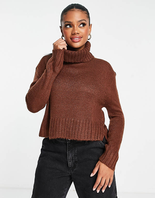 Brave Soul - cattio boxy cropped roll neck jumper in brown