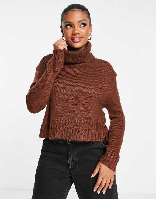 Brave Soul Cattio boxy cropped roll neck jumper in brown