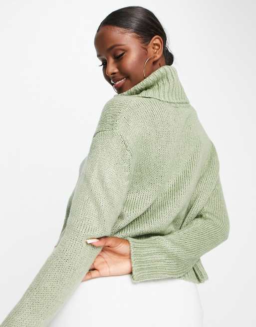 Brave Soul Cattio boxy cropped roll neck jumper in sage green , 2 of 4