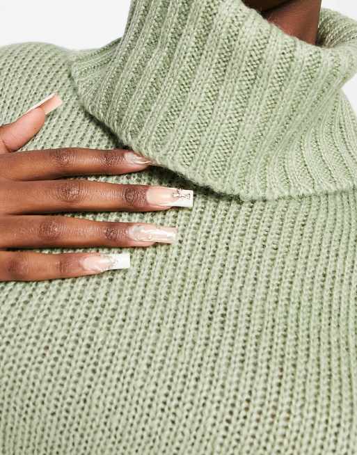 Brave Soul Cattio boxy cropped roll neck jumper in sage green , 3 of 4