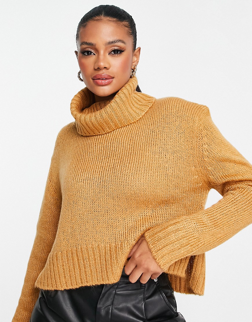 Brave Soul cattio boxy cropped roll neck jumper in spiced camel-Neutral
