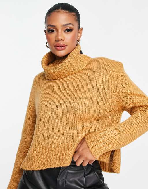 Brave Soul cattio boxy cropped roll neck jumper in spiced camel | ASOS