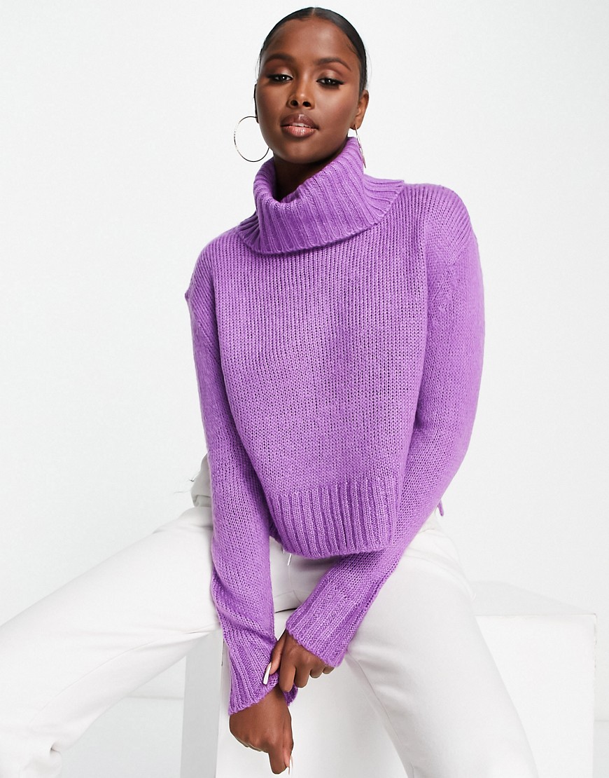Brave Soul cattio boxy cropped roll neck sweater in deep violet-Purple