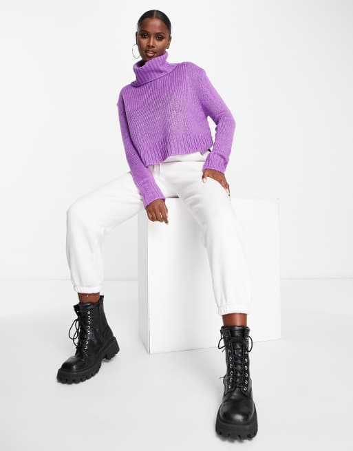 Brave Soul cattio boxy cropped roll neck sweater in deep violet, 3 of 4